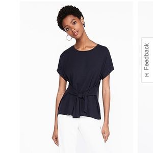Express Navy blue NWOT Ribbed capped short sleeve dressy top Tie waist blouse